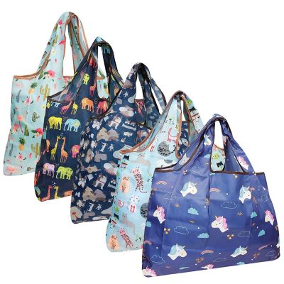 Wrapables Large Foldable Tote Nylon Reusable Grocery Bags, 5 Pack, Animals in Blue Image 1