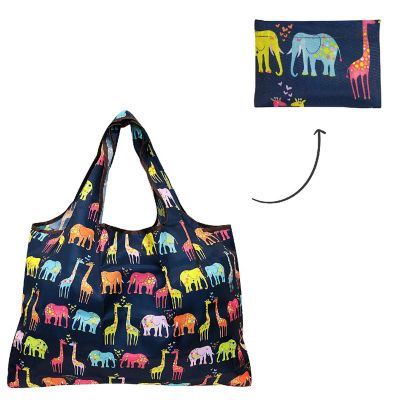 Wrapables Large Foldable Tote Nylon Reusable Grocery Bags, 5 Pack, Animals in Blue Image 2