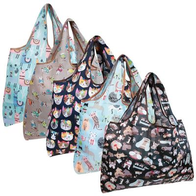 Wrapables Large Foldable Tote Nylon Reusable Grocery Bags, 5 Pack, Cats, Dog, and Llamas Image 1