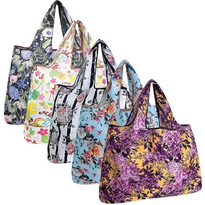 Wrapables Large Foldable Tote Nylon Reusable Grocery Bags, 5 Pack, Exotic Bloom Image 1