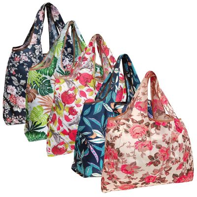 Wrapables Large Foldable Tote Nylon Reusable Grocery Bags, 5 Pack, Flowers & Ferns Image 1