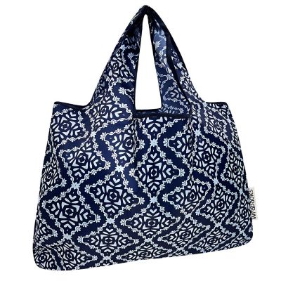 Wrapables Large Nylon Reusable Shopping Bag, Navy Deco Image 1