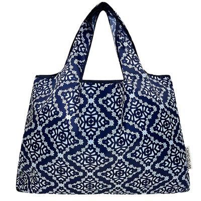 Wrapables Large Nylon Reusable Shopping Bag, Navy Deco Image 2