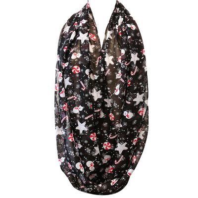 Wrapables Lightweight Winter Christmas Holiday Infinity Scarf, Snowman & Snowflakes Black Image 1