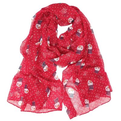 Wrapables Lightweight Winter Christmas Holiday Long Scarf, Snowman & Snowflakes Red Image 1