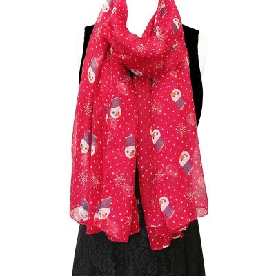 Wrapables Lightweight Winter Christmas Holiday Long Scarf, Snowman & Snowflakes Red Image 1
