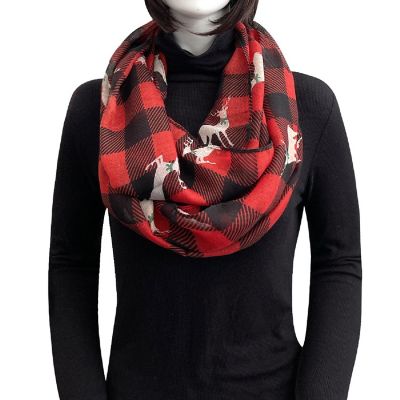 Wrapables Lightweight Winter Christmas Holiday Scarf, Reindeer Plaid Red Image 1