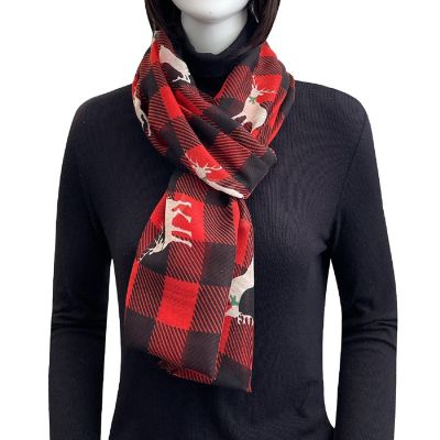 Wrapables Lightweight Winter Christmas Holiday Scarf, Reindeer Plaid Red Image 2