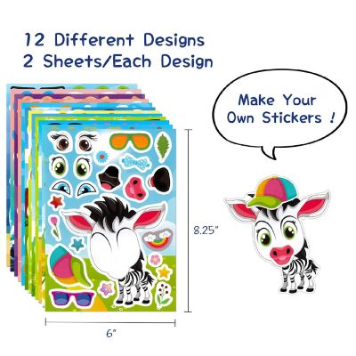 Wrapables Make a Face Stickers, DIY Make Your Own Stickers (24 Sheets), Fun Animals Image 1