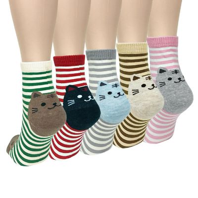 Wrapables Novelty Animal Print Crew Socks (Set of 5), Cats and Stripes Image 1