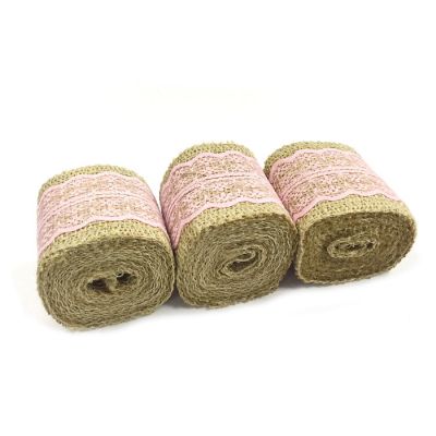 Wrapables Pink 6 Yards Total Vintage Natural Burlap Lace Ribbon (3 Rolls) Image 1