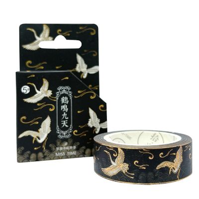 Wrapables Poetic Picturesque 15mm x 5M Gold Foil Washi Masking Tape, Cranes in Black Image 3