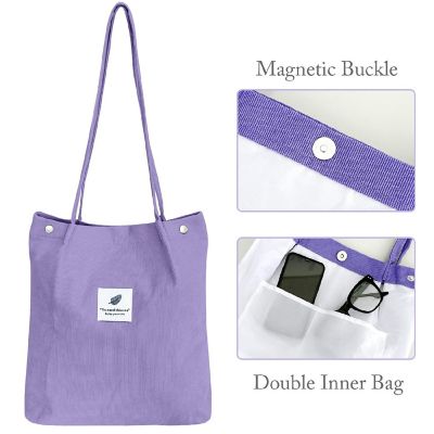 Wrapables Purple Corduroy Tote Bag, Casual Everyday Shoulder Handbag Image 2
