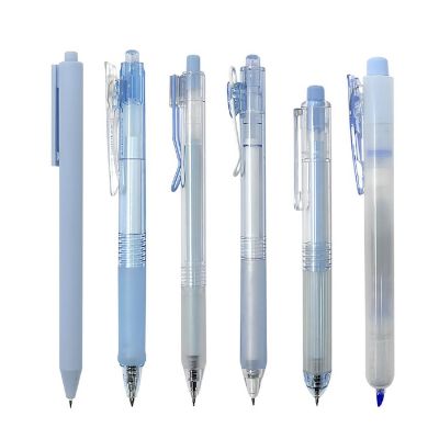 Wrapables Retractable Rollerball Pens and Highlighter Set, 0.5mm Black Gel Ink Pens (Set of 6), Blue Image 1