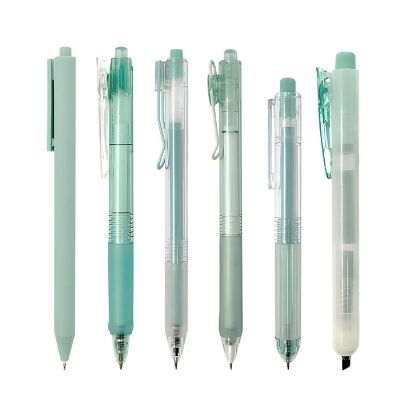 Wrapables Retractable Rollerball Pens and Highlighter Set, 0.5mm Black Gel Ink Pens (Set of 6), Mint Image 1