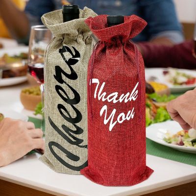 Wrapables Reusable Burlap Wine Bags, Rustic Gift Bags with Drawstring (Set of 8), Burgundy & Natural Image 2