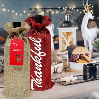 Wrapables Reusable Burlap Wine Bags, Rustic Gift Bags with Drawstring (Set of 8), Burgundy & Natural Image 3