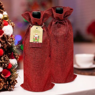 Wrapables Reusable Burlap Wine Bags, Rustic Gift Bags with Drawstring (Set of 8), Burgundy Image 2