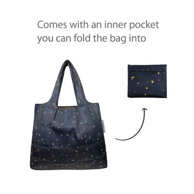 Wrapables Small Foldable Tote Nylon Reusable Grocery Bags, Moon & Stars Image 3