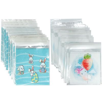 Wrapables Transparent Self-Adhesive 4" x 4" Candy and Cookie Bags, Favor Treat Bags for Parties and Wedding (200pcs), Bunnies Image 1