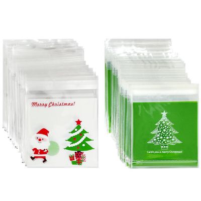 Wrapables Transparent Self-Adhesive 4" x 4" Candy and Cookie Bags, Favor Treat Bags for Parties, Wedding and Christmas (200pcs), Christmas Trees Image 1