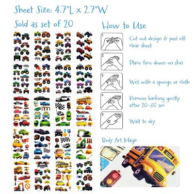 Wrapables Waterproof Temporary Tattoos for Children, 20 Sheets, Vehicles Image 1