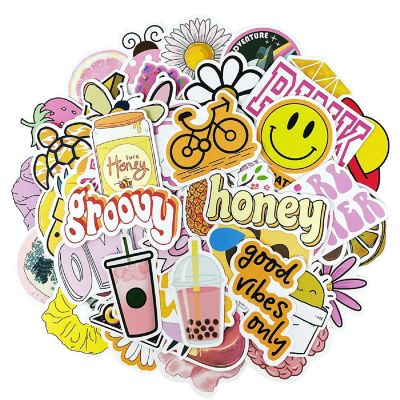 Wrapables Waterproof Vinyl Groovy Pink & Yellow Stickers for Water Bottles, Laptops 100pcs Image 1