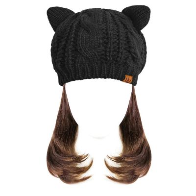 Wrapables Winter Warm Cable Knit Cat Ears Beanie, Black Image 1
