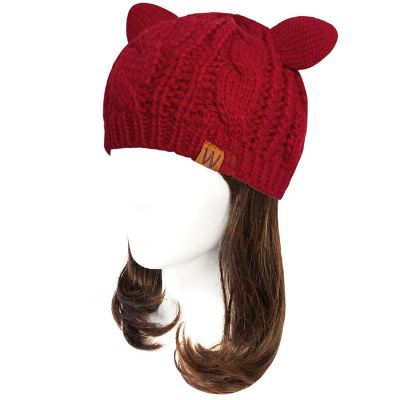 Wrapables Winter Warm Cable Knit Cat Ears Beanie, Burgundy Image 1