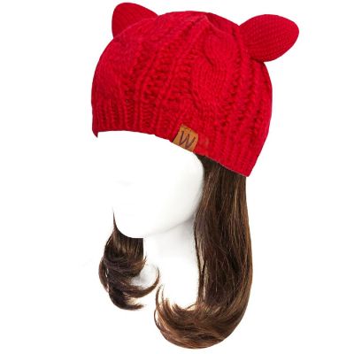 Wrapables Winter Warm Cable Knit Cat Ears Beanie, Red Image 1