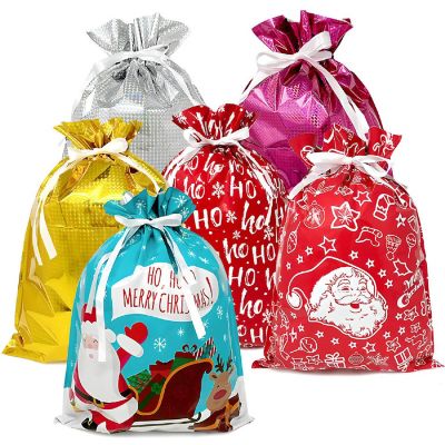 Wrapables XL Red & White Aluminum Foil Holiday Drawstring Christmas Gift Bags (Set of 6) Image 1