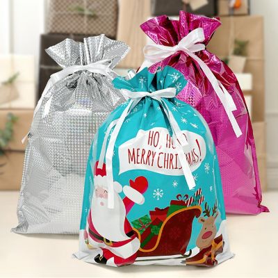 Wrapables XL Red & White Aluminum Foil Holiday Drawstring Christmas Gift Bags (Set of 6) Image 2