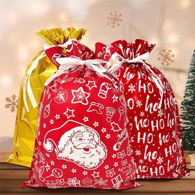 Wrapables XL Red & White Aluminum Foil Holiday Drawstring Christmas Gift Bags (Set of 6) Image 3