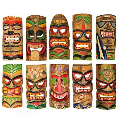 Zeckos 10 Piece Polynesian Party Hand Carved Island Style Wooden Tiki Masks 10 Inch Image 1