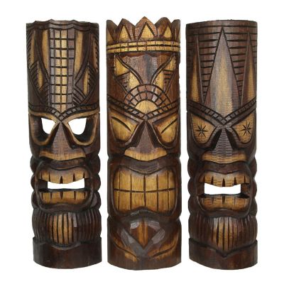 Zeckos 20 Inch Carved Wood Tiki God Masks Tropical Beach Hawaiian Home Decor Set of 3 Image 1