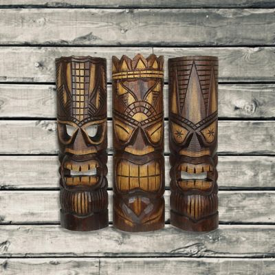 Zeckos 20 Inch Carved Wood Tiki God Masks Tropical Beach Hawaiian Home Decor Set of 3 Image 3