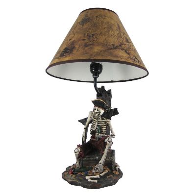 Zeckos 21 Inches Pirate Skeleton Caribbean Table Lamp With Treasure Map Shade Nautical Desk Light Beach Home Decor Image 1
