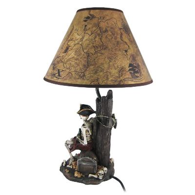 Zeckos 21 Inches Pirate Skeleton Caribbean Table Lamp With Treasure Map Shade Nautical Desk Light Beach Home Decor Image 2