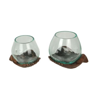 Zeckos Blown Molten Glass and Carved Wood Hands Decorative Bowls, Terrariums - Set of 2 Image 1