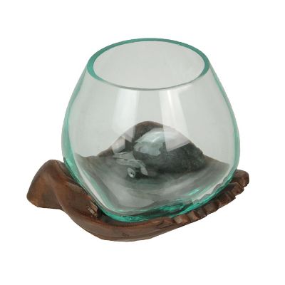 Zeckos Blown Molten Glass and Carved Wood Hands Decorative Bowls, Terrariums - Set of 2 Image 2