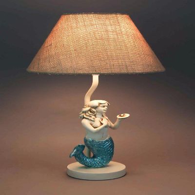 Zeckos Blue Glitter Tail Mermaid Nautical Table Lamp Burlap Coastal Decor accent light Image 3