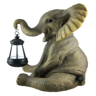 Zeckos Cute African Elephant Porch / Garden Statue W/ Lantern Outdoor D&#233;cor Image 1