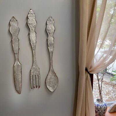 Zeckos Extra Large Galvanized Metal Fork Spoon Knife Farmhouse Kitchen Decor Wall Hanging Set Image 3