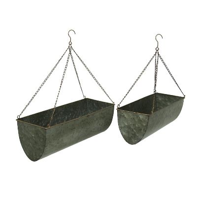 Zeckos Galvanized Metal Set of 2 Indoor/Outdoor Hanging Trough Planters Image 1