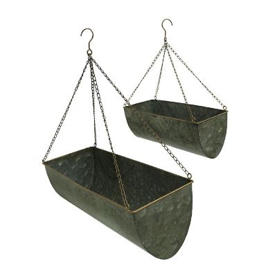 Zeckos Galvanized Metal Set of 2 Indoor/Outdoor Hanging Trough Planters Image 1