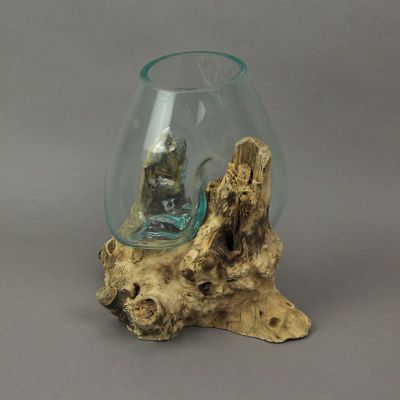 Zeckos Glass On Teak Driftwood Hand Sculpted Molten Bowl/Plant Terrarium Image 1