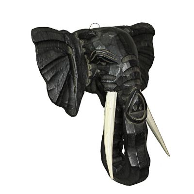Zeckos Hand Carved 12 Inch Black Elephant Head Wooden Wall D&#233;cor Hanging Sculpture Safari Art Image 1