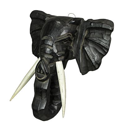 Zeckos Hand Carved 12 Inch Black Elephant Head Wooden Wall D&#233;cor Hanging Sculpture Safari Art Image 2