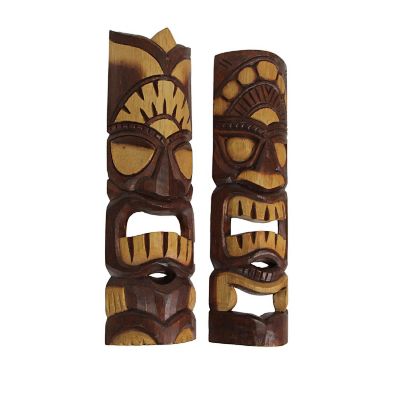 Zeckos Hand Carved Natural Stained Wood Polynesian Style Tiki Wall Hanging Masks 20 inch Set of 2 Tropical D&#233;cor Image 1