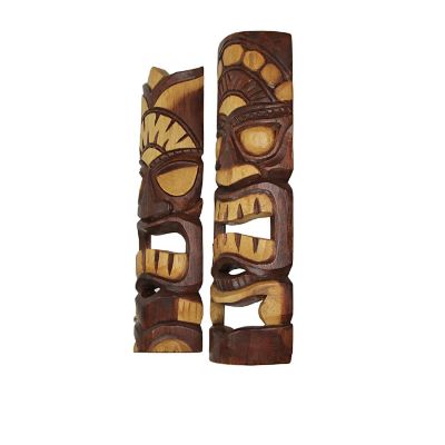 Zeckos Hand Carved Natural Stained Wood Polynesian Style Tiki Wall Hanging Masks 20 inch Set of 2 Tropical D&#233;cor Image 2